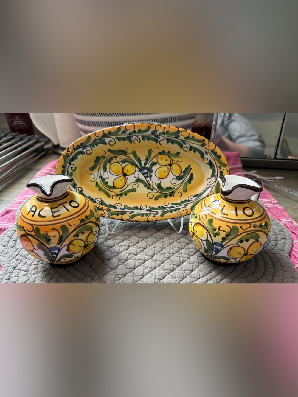 Hand-Painted Italian-Style Ceramic Serving Platter in Yellow & Green